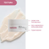 Pote de creme Noviole Sensi AI sobre uma amostra de textura cremosa espalhada, com indicações de toque sedoso e fácil absorção.