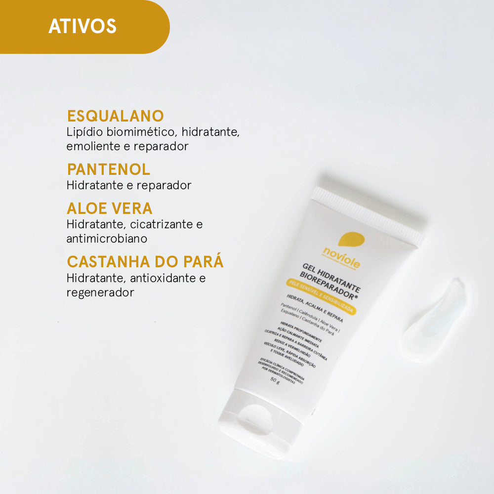 Tubo de Gel Hidratante Bioreparador com amostra. Ativos: Esqualano, Pantenol, Aloe Vera e Castanha do Pará.