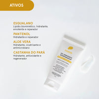 Tubo de Gel Hidratante Bioreparador com amostra. Ativos: Esqualano, Pantenol, Aloe Vera e Castanha do Pará.