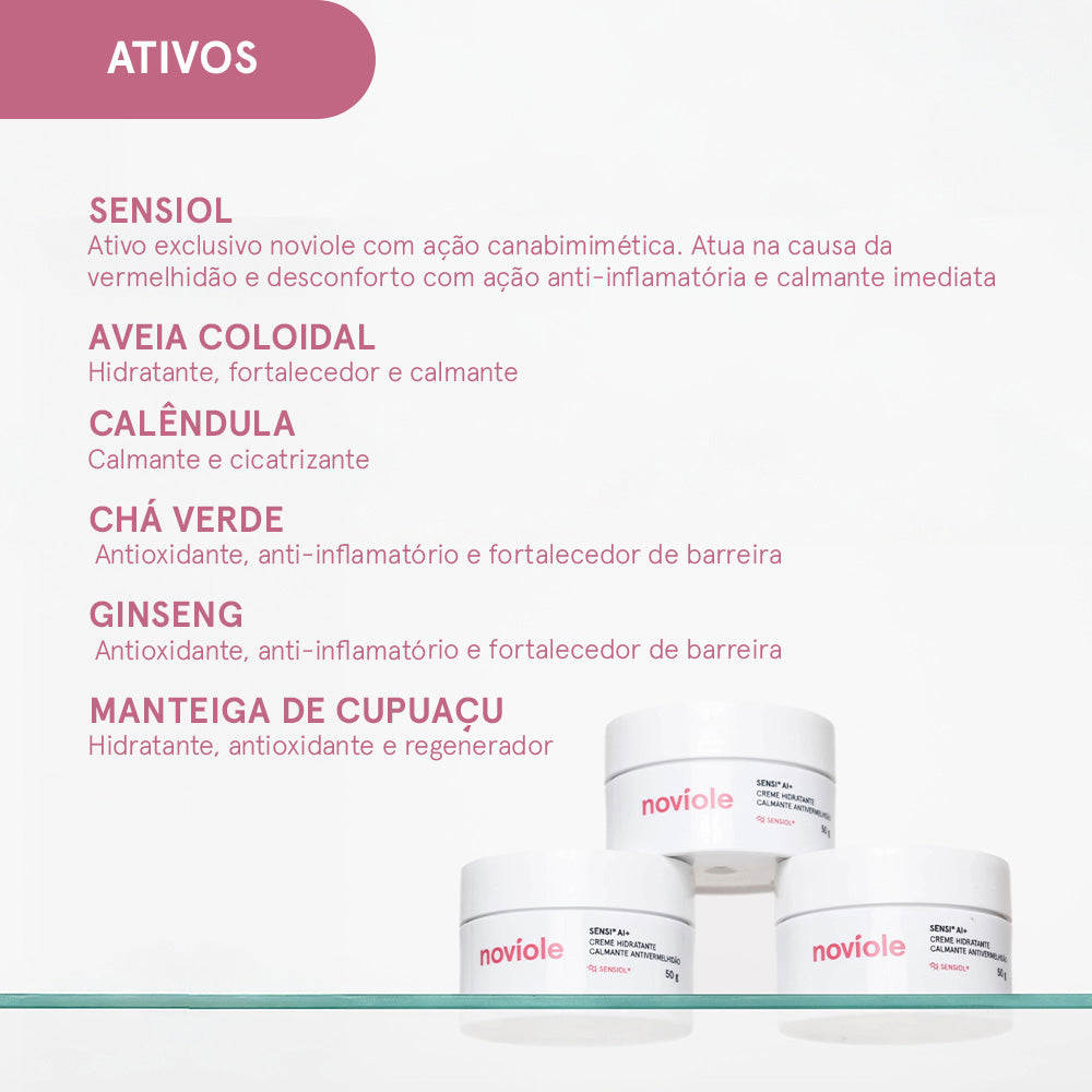 Três potes de creme Noviole Sensi AI empilhados sob lista de ativos como Sensiol, aveia coloidal e calêndula em fundo branco.