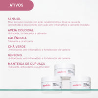 Três potes de creme Noviole Sensi AI empilhados sob lista de ativos como Sensiol, aveia coloidal e calêndula em fundo branco.