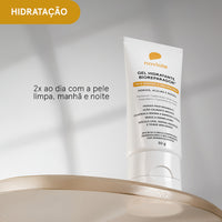 Tubo de Gel Hidratante Bioreparador. Texto: 2x ao dia com a pele limpa, manhã e noite. Para pele sensível e sensibilizada.